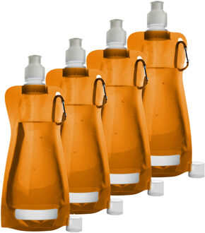 Waterfles/drinkfles opvouwbaar - 4x - oranje - kunststof - 420 ml - schroefdop - karabijnhaak