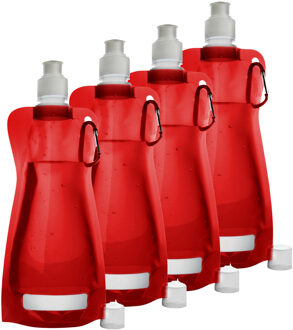 Waterfles/drinkfles opvouwbaar - 4x - rood - kunststof - 420 ml - schroefdop - karabijnhaak
