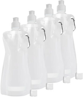 Waterfles/drinkfles opvouwbaar - 4x - wit - kunststof - 420 ml - schroefdop - karabijnhaak