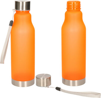 Waterfles/drinkfles/sportfles - 2x - oranje - kunststof/rvs - 600 ml