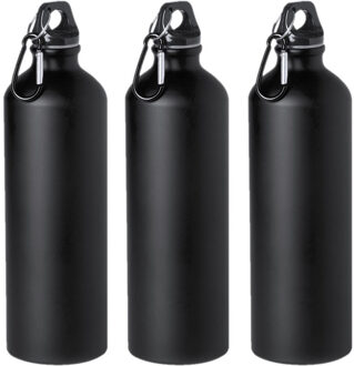 Waterfles/drinkfles Thor - 3x - zwart - aluminium - schroefdop - karabijnhaak - 800 ml - Sportfles/B