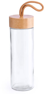 Waterfles/drinkfles - transparant - 420 ml - glas - bamboe dop - drinkfles - sportfles
