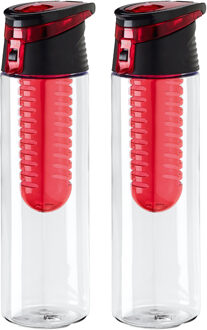 Waterfles/sportfles/drinkfles Waterprofs - 2x - transparant/rood - kunststof - 740 ml - met fruit filter - Drinkflessen