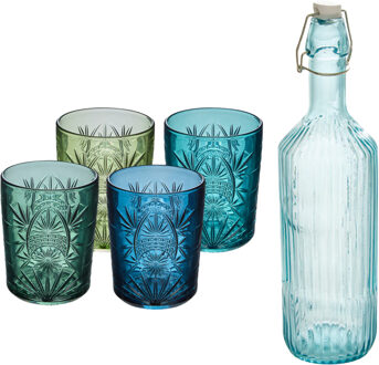 Waterglazen set Ayla - 4x stuks - met waterfles - transparant blauw / groen