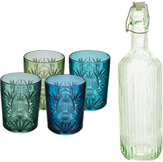 Waterglazen set Ayla - 4x stuks - met waterfles - transparant groen / blauw