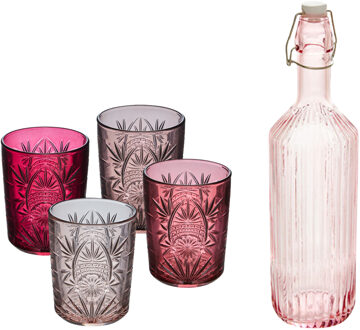 Waterglazen set Ayla - 4x stuks - met waterfles - transparant roze