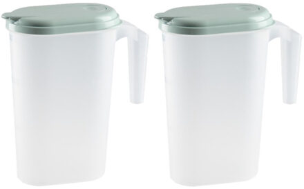 Waterkan - 2x stuks - 1,6 liter - mintgroen/transparant - kunststof - met deksel - koelkastdeur