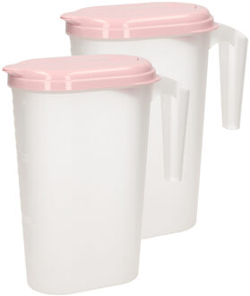 Waterkan - 2x stuks - Sapkan - transparant/roze - met deksel - 1.6 liter - kunststof