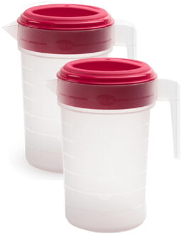 Waterkan met deksel - 2x stuks - 2 liter - roze / transparant - kunststof - schenkkan