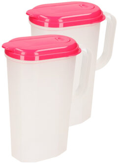 Waterkan met deksel - 2x stuks - 2 liter - roze/ transparant - kunststof - smal