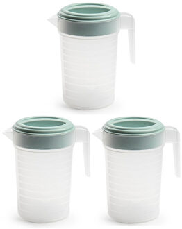 Waterkannen met deksel - 3x stuks - 1 liter - groen/ transparant - kunststof - schenkkan karaf