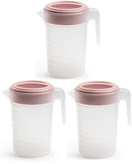 Waterkannen met deksel - 3x stuks - 1 liter - roze/ transparant - kunststof - schenkkan karaf