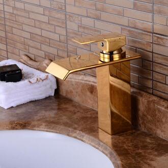 waterval brede uitloop golden Stijl Messing Kraan Enkele Handgreep Warm en Koud mengkraan Water tap 9962