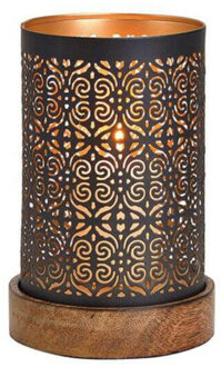 Waxinelicht/theelicht houders Maroc - koper/zwart - op houten voet - 18 x 10 cm