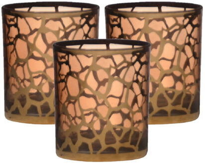 Waxinelichthouder - 3x - giraffe print - glas - goud - 10 x 9 cm - theelichthouder