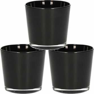 Waxinelichthouder - 3x - zwart - 10 x 9 cm - glas - waxinelichtjes/theelichtjes kaarsenhouders