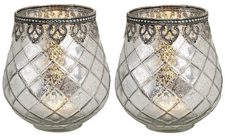 Waxinelichthouder/theelichthouder gerookt glas met metalen rand - 2x - zilver - 14 x 13 cm