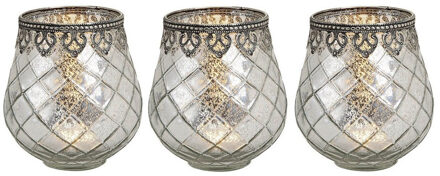 Waxinelichthouder/theelichthouder gerookt glas met metalen rand - 3x - zilver - 14 x 13 cm