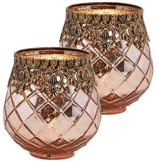 Waxinelichthouder/theelichthouder gerookt glas met metalen rand - Set van 2x stuks - roze - 14 x 13