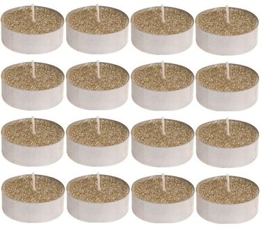 Waxinelichtjes - 16x st - goud glitter - 3,7 cm - theelichtjes - waxinekaarsjes