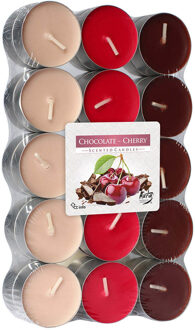 Waxinelichtjes/theelichten geurkaarsen - chocolade kersen - 30x - 4 branduren - Kaarsen - Dia 4 cm Multi