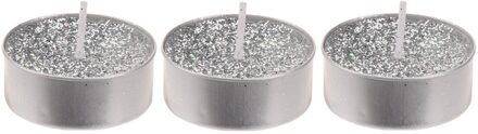 Waxinelichtjes/theelichtjes - zilver - 6 cm - 3x - met glitter - kaarsen - kerst