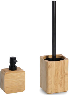 WC-borstel in houder met zeeppompje - bamboe hout - Badkameraccessoireset Bruin