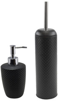 WC-/toiletborstel en houder kunststof zwart met zeeppompje 400 ml - Badkameraccessoireset