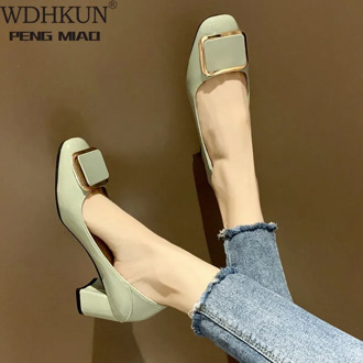 WDHKUN 2020 New Fashion Leather Pumps Med Chunky Heel Square Toe Autumn Women Office Daily Heels Pumps Shoes