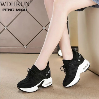 WDHKUN Female Women Black White Vulcanized Shoes Casual Wedge Platform Shoes Band High Heel 4cm Increasing Ladies Sneakers Shoes
