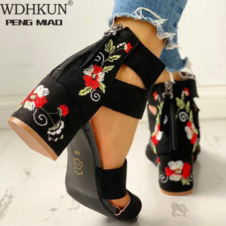 WDHKUN Woman Pumps High Heels Elastic Band Zipper Rubber Open Toe Embroider Dancing Party Wedding Ladies Shoes Zapatos Mujer