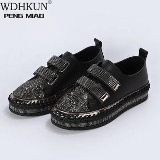 WDHKUN Women Crystal Flat Shoes 2020 Autumn Fashion Lace Up Ladies Casual Shoes Comfortable Round Toe Platform Sneakers