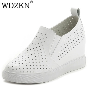 WDZKN Spring Summer Breathable Genuine Leather Women Shoes Slip On High Heels Round Toe Height Increasing Women Casual Shoes