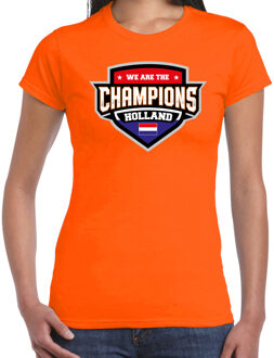 We are the champions Holland t-shirt met schild embleem in de kleuren van de Nederlandse vlag - oranje - dames - Nederland supporter / Nederlands elftal fan shirt / EK / WK / kleding M