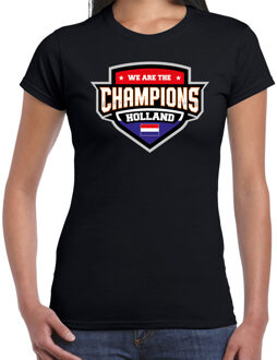 We are the champions Holland t-shirt met schild embleem in de kleuren van de Nederlandse vlag - zwart - dames - Nederland supporter / Nederlands elftal fan shirt / EK / WK / kleding XS