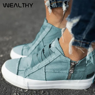 WEALTHY Women Casual Vulcanized Shoes Low-cut Zipper Flat Shoes Sneakers Comfy Canvas Shoes Walking Flats Trainers Zapatos