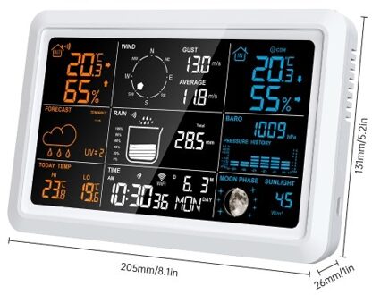 Weather Station with Rain Gauge and Wind Gauge Wireless Indoor Outdoor 5 IN 1 Digital Weather Forecast Humidity Moon Phase Sunlight Temperature Thermometer with Solar Powered Outdoor Sensor for Home