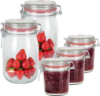Weckpotten/inmaakpotten - set 5x stuks - 1000 ml/400 ml - glas - met beugelsluiting