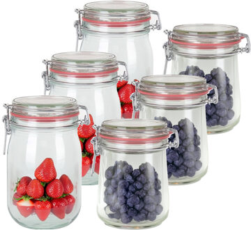 Weckpotten/inmaakpotten - set 6x stuks - 1000 ml/720 ml - glas - met beugelsluiting - Weckpotten Transparant