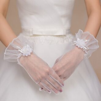 Wedding Bridal Korte Handschoenen Vrouwen Wit Volledige Vinger See Through Lint Decor Pols Lengte Kostuum Prom Party Effen Kleur ST01