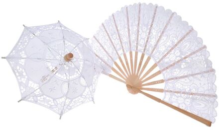 Wedding Bridal Paraplu Fan Zon Handgemaakte Kant Parasol en Fan Set Party Ornamenten voor Handgemaakte Vintage Party Decoratie