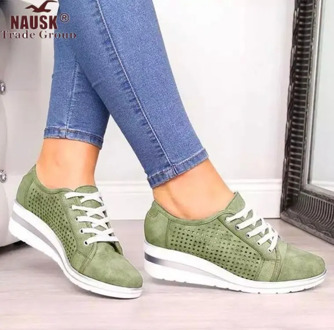 Wedge Heel Lacing Perforated Breathable Casual Shoes Women's Fashion Plus-size Vulcanized Shoes 2020 New Style Non-slip Increase