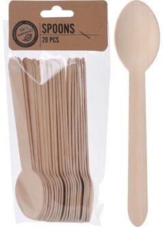 Wegwerp bestek van hout - lepels - 20x stuks - Verjaardag of BBQ bestek - 16 cm Bruin