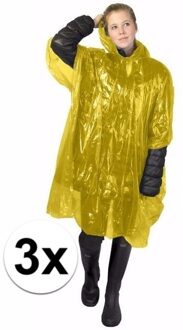 Wegwerp regenponcho - 3x - geel - voor volwassenen - met capuchon - budget line - One size