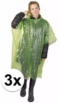 Wegwerp regenponcho - 3x - groen - voor volwassenen - met capuchon - budget line