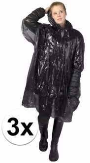 Wegwerp regenponcho - 3x - zwart - voor volwassenen - met capuchon - budget line
