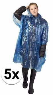 Wegwerp regenponcho - 5x - blauw - voor volwassenen - met capuchon - budget line - One size
