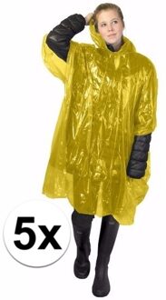 Wegwerp regenponcho - 5x - geel - voor volwassenen - met capuchon - budget line - One size