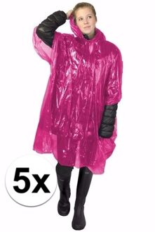 Wegwerp regenponcho - 5x - roze - voor volwassenen - met capuchon - budget line - One size