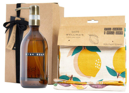 WELLmark Giftbox Afwasmiddel met 2 handdoeken Bruin Glas Messing pomp Giftbox Happy Home